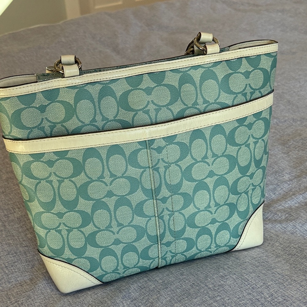 Coach Teal Signature Stripe Tote with Ivory Trim - Picture 4 of 15